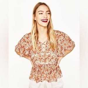 Zara Orange Floral Flutter Sleeve Cropped Ruffle Blouse